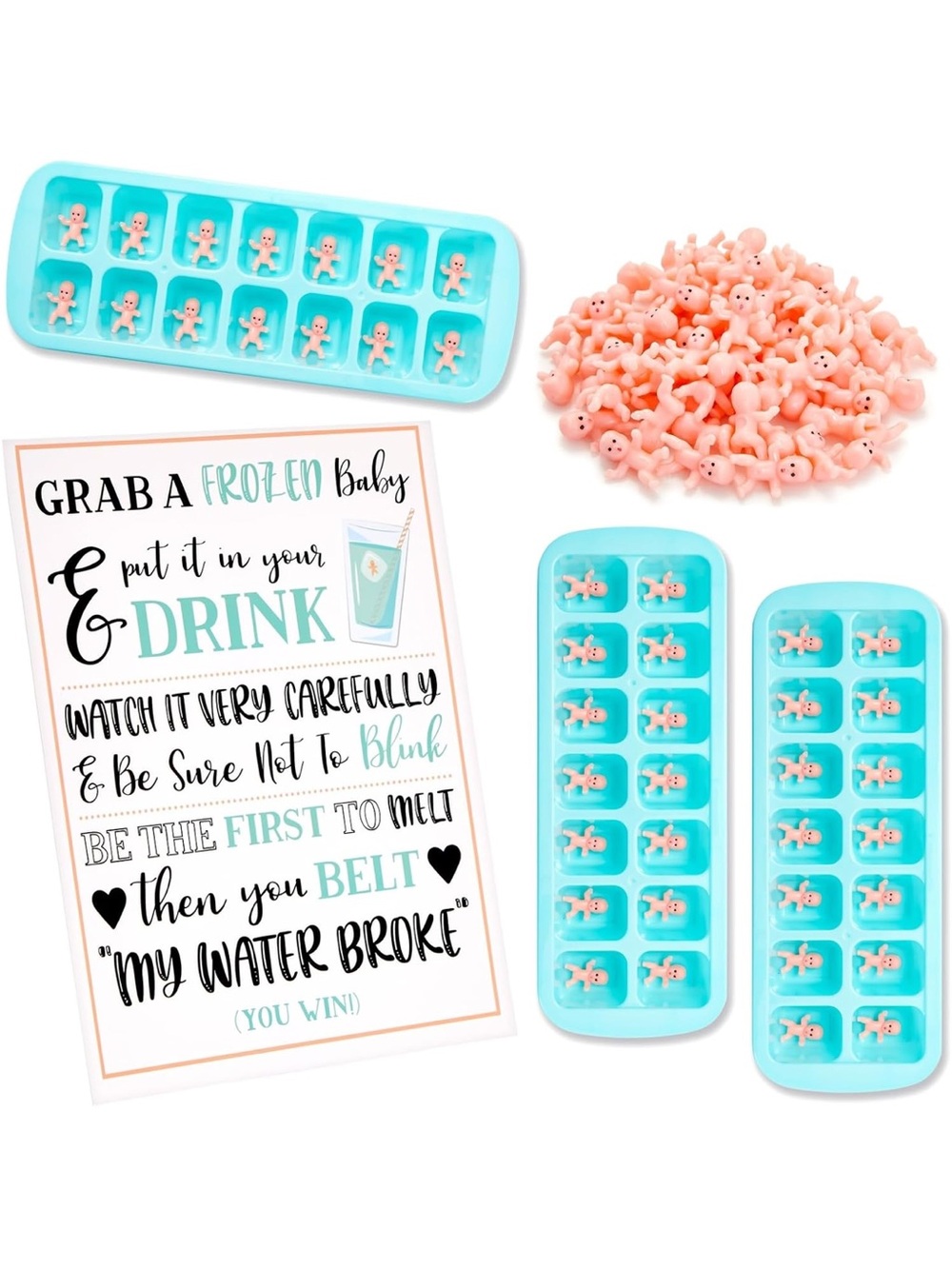 Juvale Baby Shower Games Kit - 60 White Tiny Plastic Babies, 3 Ice Cube Trays